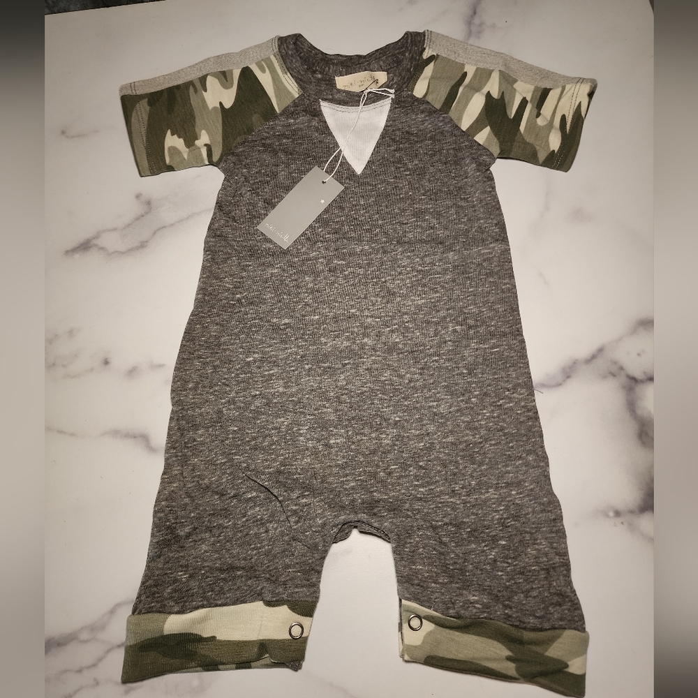 Miki Miette Baby George Shorts Romper| Heather Grey/Camo|Boys Size 3M|New W Tags
